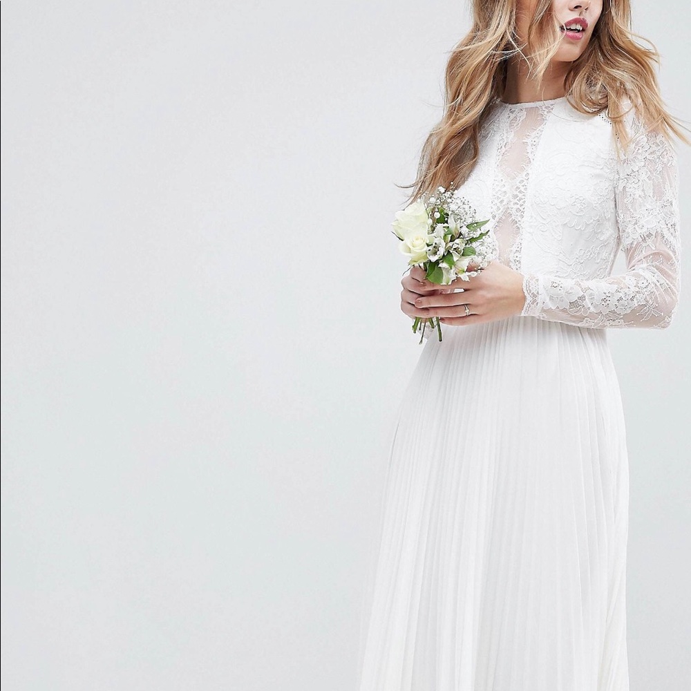 Asos long sleeve lace pleated skirt wedding dress